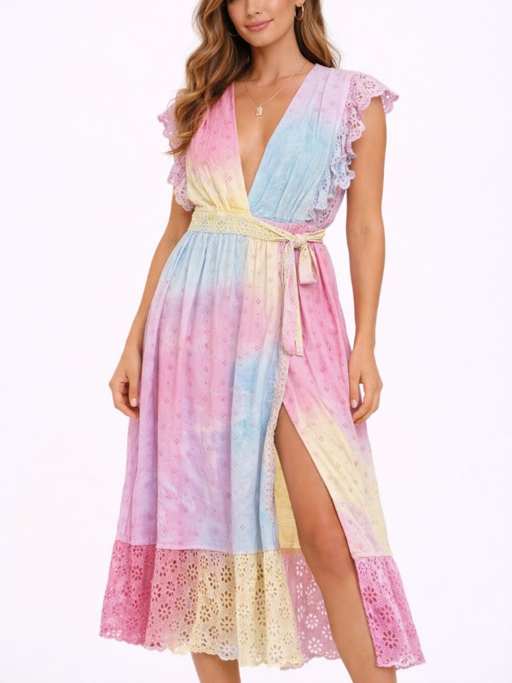 Majorelle Eyelet Wrap Dress Pastel Tie Dye Midi Flowy Festival Boho Summer S